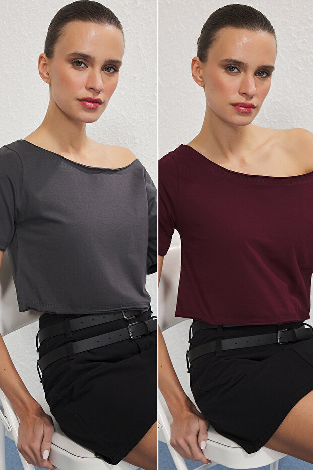 Antrasit-Bordo 2'li Paket %100 Pamuk Asimetrik Kayık Yaka Crop Örme T-Shirt TWOSS25TS00194 - 1