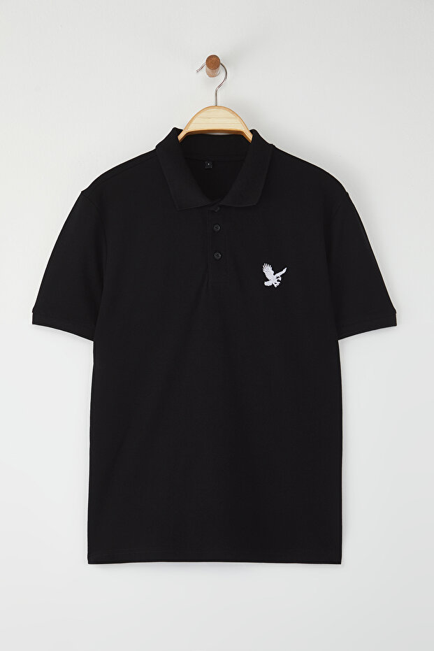 Siyah Regular/Normal Kesim Kartal Nakış Detaylı Polo Yaka T-shirt TMNSS25PO00017 - 3