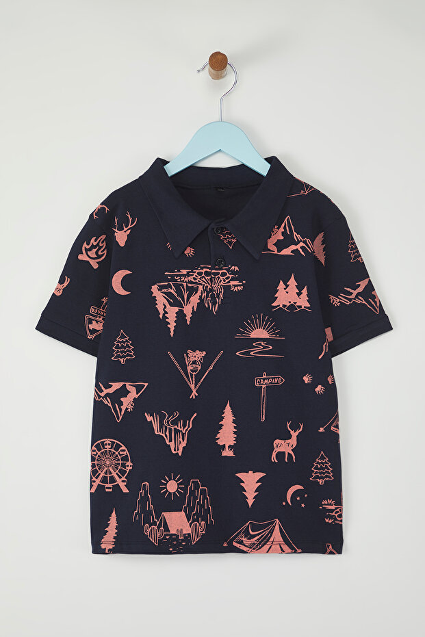 Lacivert Erkek Çocuk %100 Pamuk Orman Baskılı Polo Yaka Kısa Kol Örme T-Shirt TKDSS25TS00083 - 1
