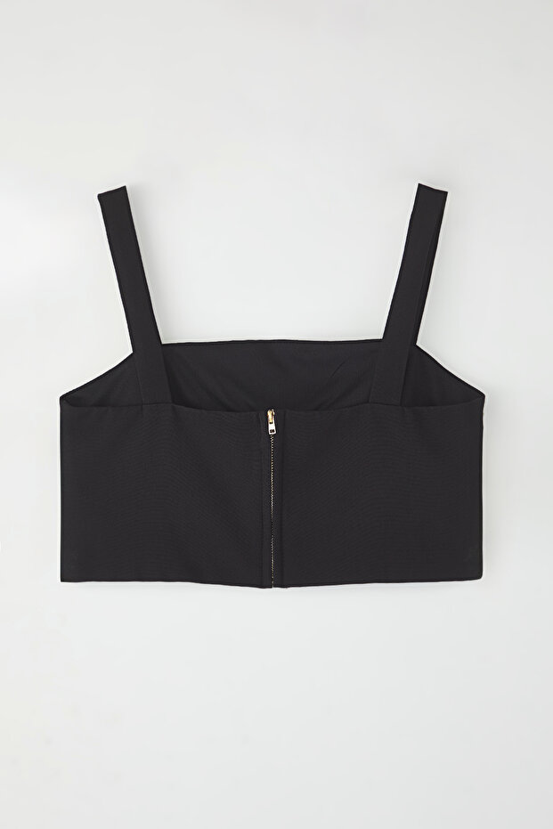 Siyah Askılı Crop Kare Yaka Dokuma Bluz TWOSS25BZ00523 - 6