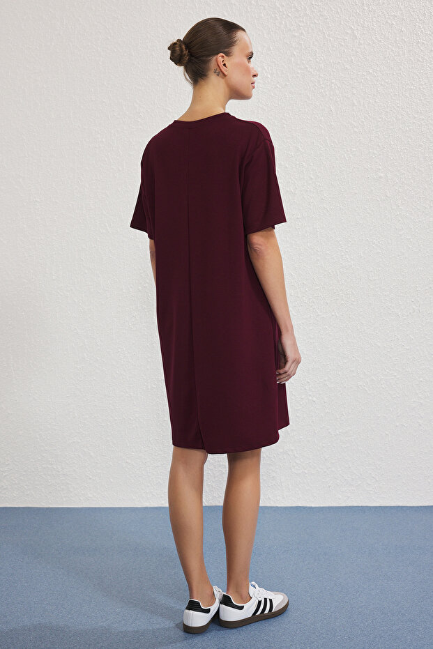 Bordo Yumuşacık Nervürlü Shift/Düz Kesim Mini Örme Elbise TWOSS25EL00778 - 4