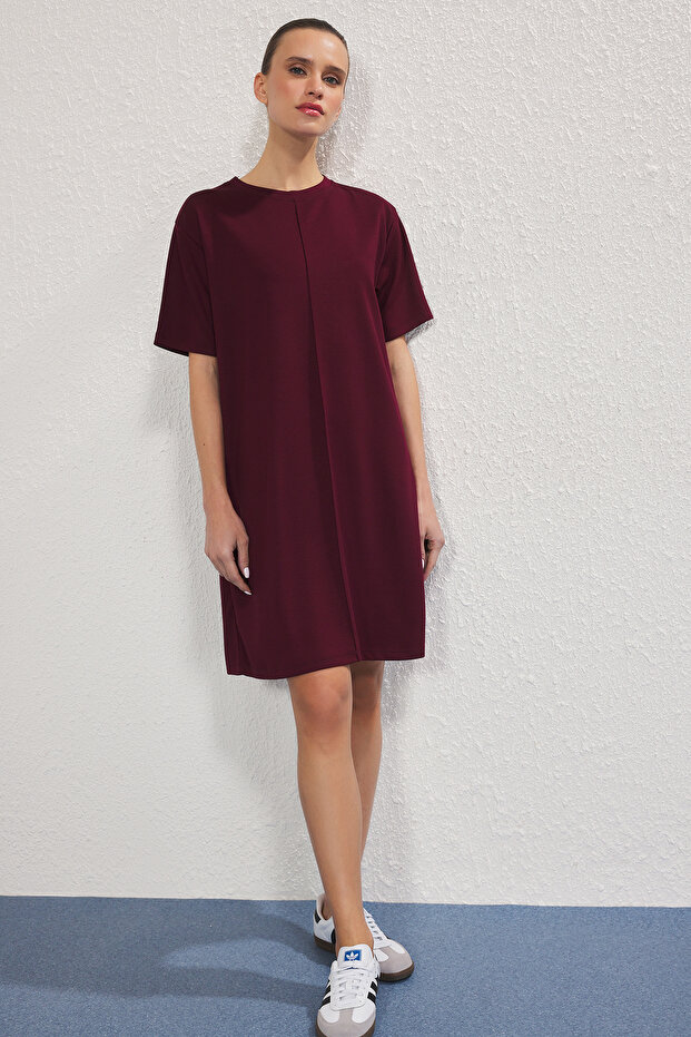 Bordo Yumuşacık Nervürlü Shift/Düz Kesim Mini Örme Elbise TWOSS25EL00778 - 2
