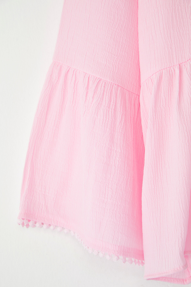 Pembe V Yaka Uzun Kol Dokulu Peplum Dokuma Büyük Beden Bluz TBBSS25AF00042 - 6