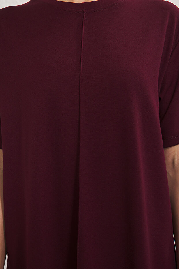 Bordo Yumuşacık Nervürlü Shift/Düz Kesim Mini Örme Elbise TWOSS25EL00778 - 3