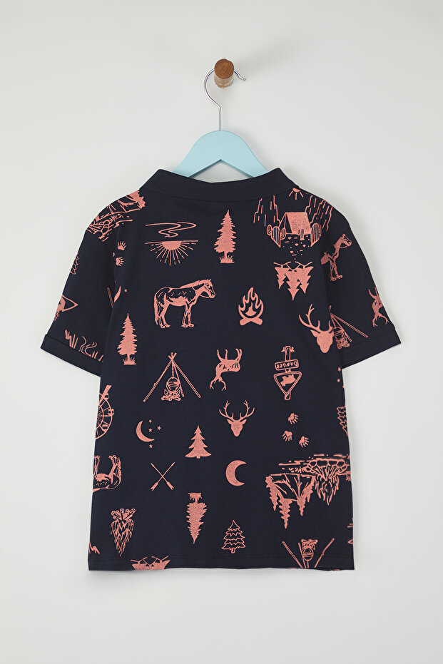 Lacivert Erkek Çocuk %100 Pamuk Orman Baskılı Polo Yaka Kısa Kol Örme T-Shirt TKDSS25TS00083 - 4