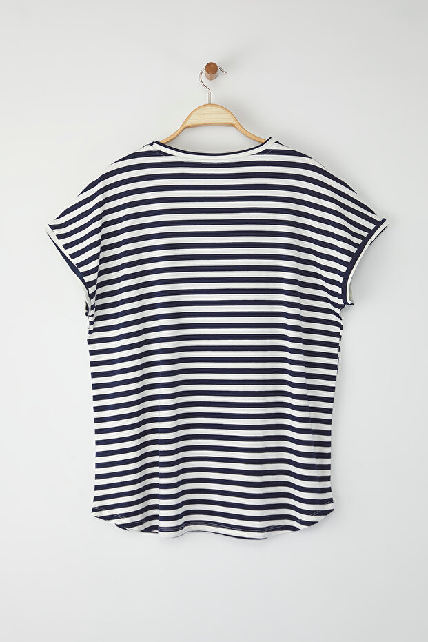 Çok Renkli Çizgili Uzun Boy Büyük Beden T-shirt TBBSS25BF00074 - 8