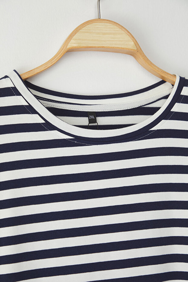 Çok Renkli Çizgili Uzun Boy Büyük Beden T-shirt TBBSS25BF00074 - 7
