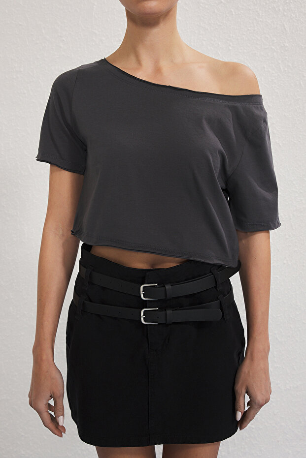 Antrasit-Bordo 2'li Paket %100 Pamuk Asimetrik Kayık Yaka Crop Örme T-Shirt TWOSS25TS00194 - 3