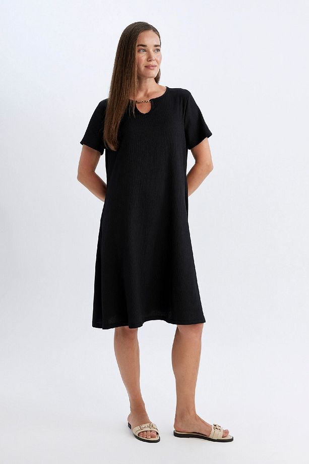 Regular Fit Apaş Yaka Basic Düz Bürümcük Kısa Kollu Midi Elbise D3834ax24sm - 3