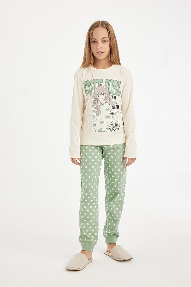 Kız Çocuk Pijama Takımı Bisiklet Yaka Baskılı Uzun Kollu Üst Uzun Alt D3729a824au - 1