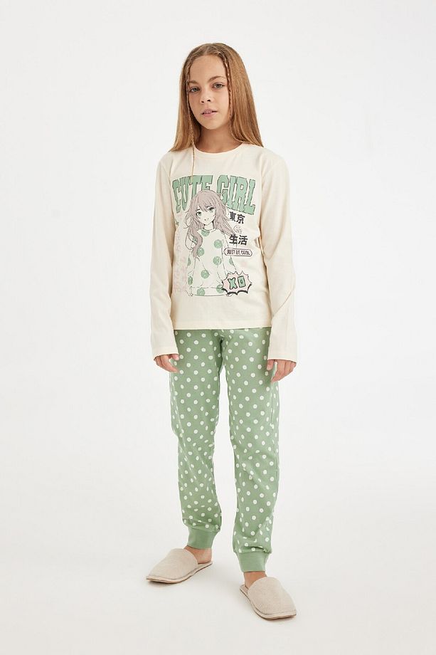 Kız Çocuk Pijama Takımı Bisiklet Yaka Baskılı Uzun Kollu Üst Uzun Alt D3729a824au - 3