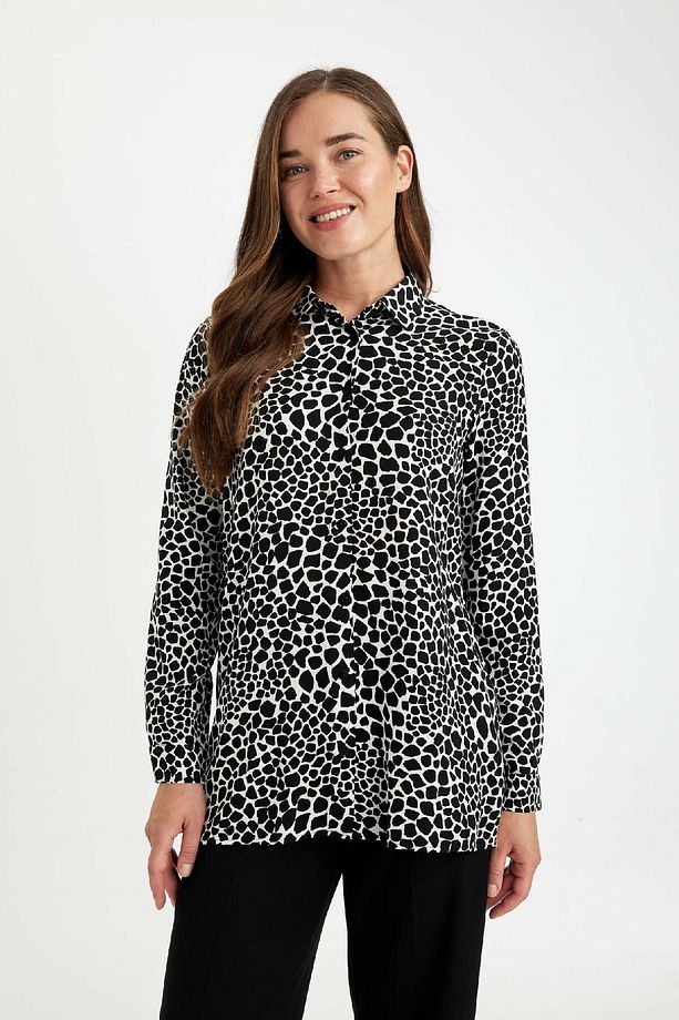 Loose Fit Gömlek Yaka Desenli Uzun Kollu Gömlek Tunik T0609az24au - 4