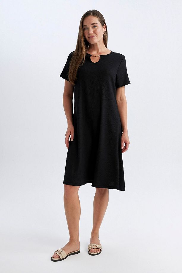 Regular Fit Apaş Yaka Basic Düz Bürümcük Kısa Kollu Midi Elbise D3834ax24sm - 2