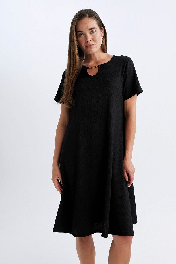 Regular Fit Apaş Yaka Basic Düz Bürümcük Kısa Kollu Midi Elbise D3834ax24sm - 4