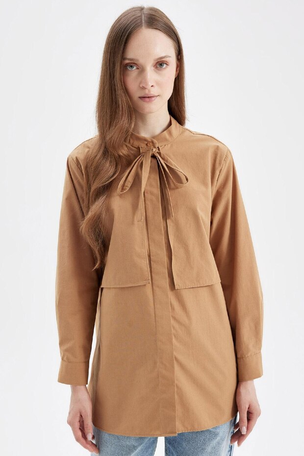 Relax Fit Bow Collar Poplin Long Sleeve Shirt Tunic D4152Ax24Au