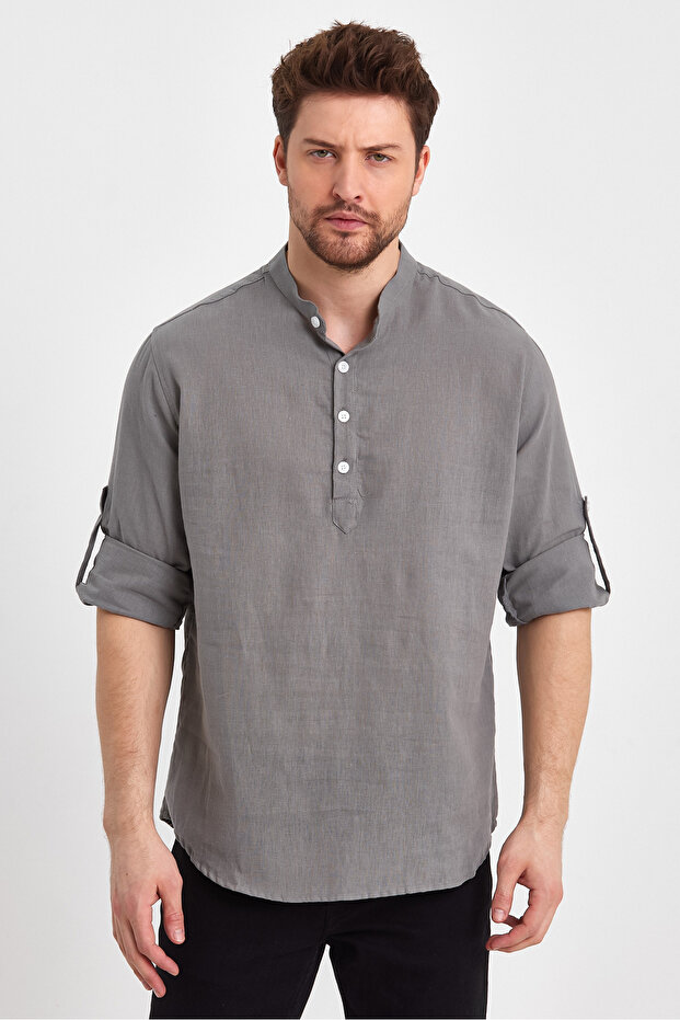 Judge Collar Linen Cotton Half Placket Shirt Ae-Y13009Lns