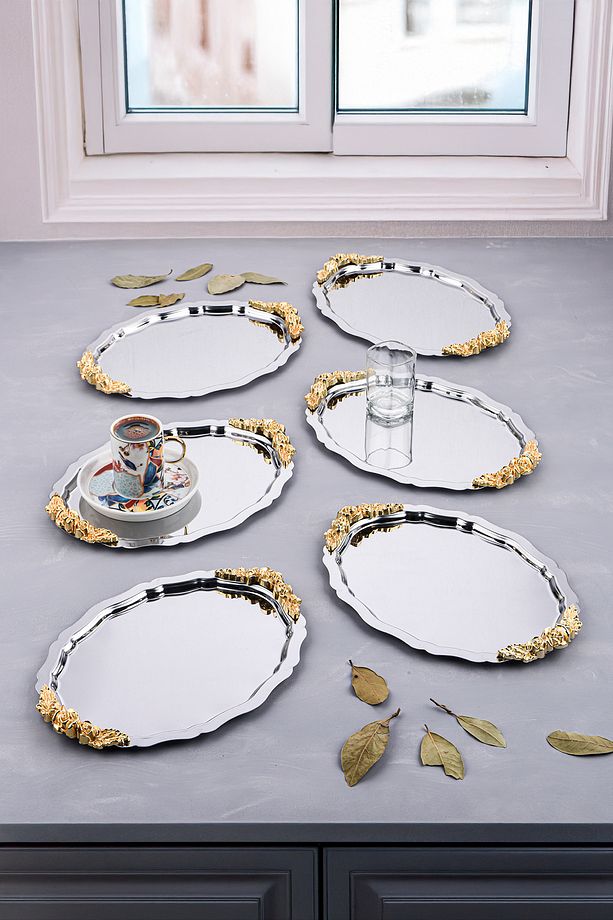 6 Adet Oval-Bulut Model Gül Motifli Kahve-Çay Sunum Tepsisi 25 cm x 20 xm - 2