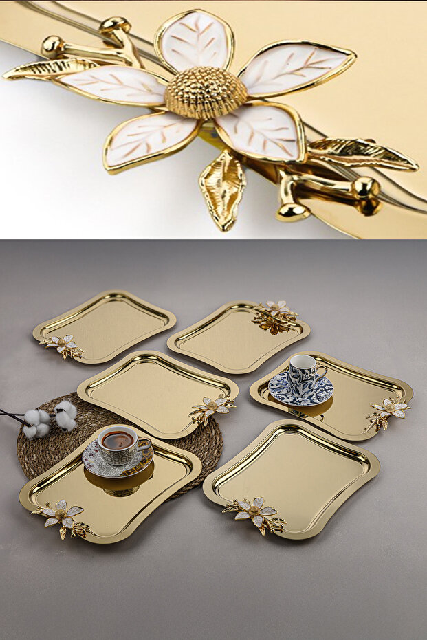 6 Pieces of Italian Model Daisy Rose Motif Coffee-Tea Presentation and Serving Tray 27X22 cm