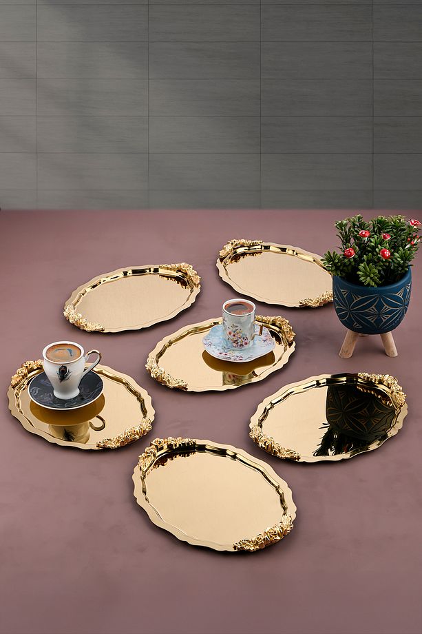 6 Adet Oval-Bulut Model Gül Motifli Kahve-Çay Sunum Tepsisi 25 cm x 20 xm - 2