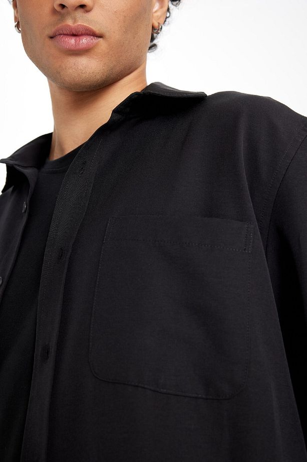 Regular Fit Düğmeli Yaka Basic Düz Pamuk Karışımlı Uzun Kollu Siyah Gömlek D4183ax24au - 5