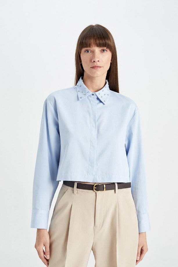 Crop Basic Düz Düğmeli Dokuma Uzun Kollu Gömlek D4617ax24au - 4