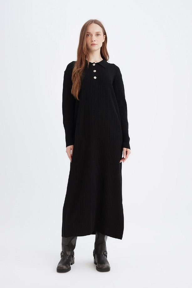 Regular Fit Polo Yaka Basic Düz Maxi Triko Elbise D5434AX24WN - 1