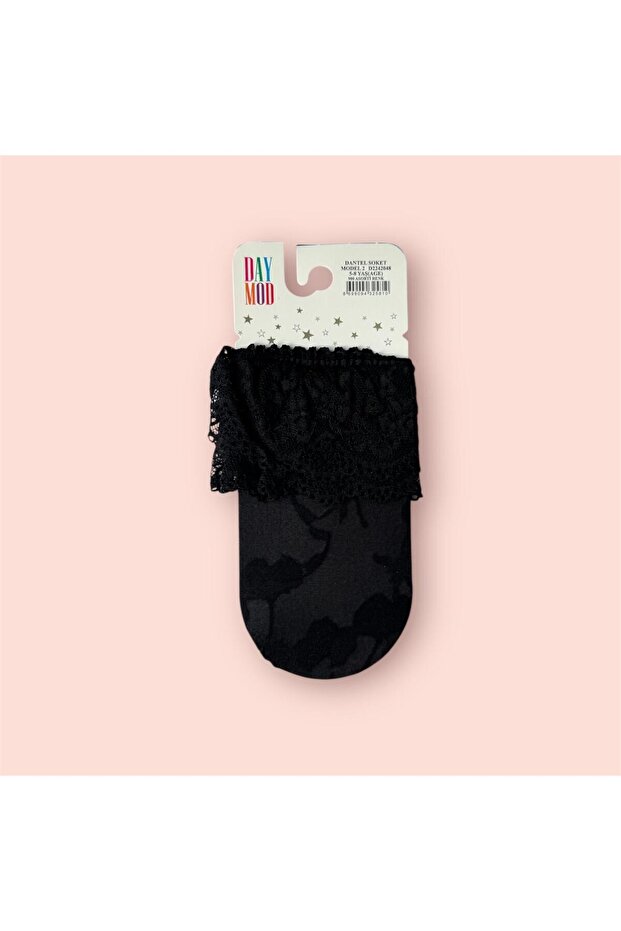 Children's Ankle Ruffled Lace Patterned Socks Black - 1