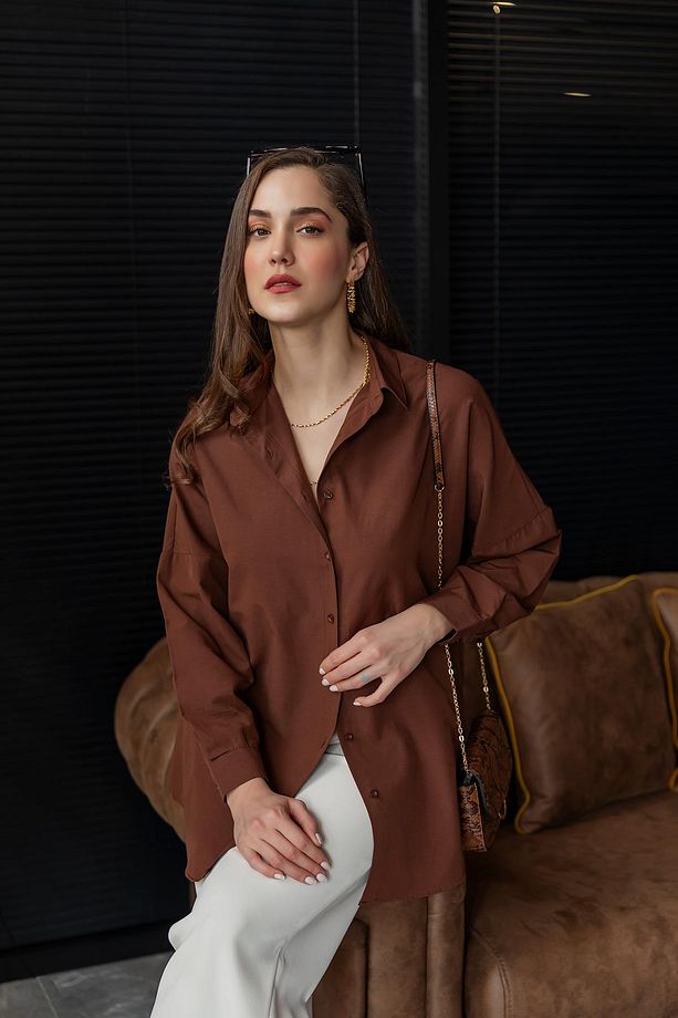 Kadın Basic Oversize Gömlek - Kahverengi - 1