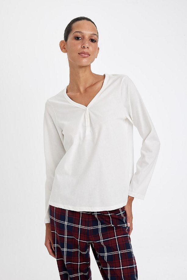 Fall In Love Pijama Takım V Yaka Uzun Kollu Basic Düz Üst Kareli Beli Lastikli Alt D4601ax24au - 4