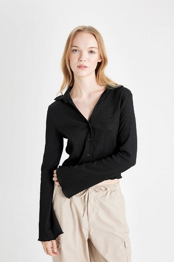 Coool Fitted Basic Düz Düğmeli Uzun Kollu Crop Siyah Gömlek A0012ax24au - 3