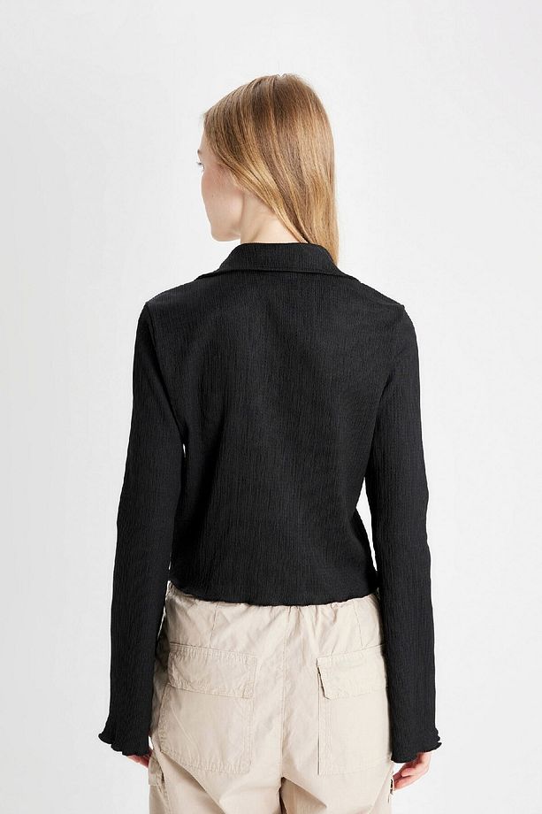 Coool Fitted Basic Düz Düğmeli Uzun Kollu Crop Siyah Gömlek A0012ax24au - 6