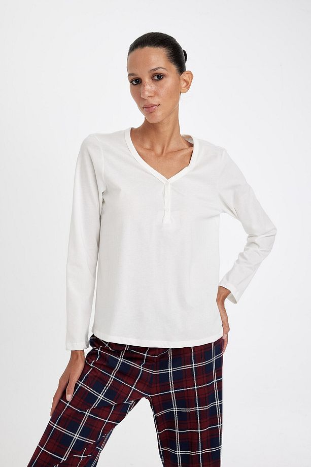 Fall In Love Pijama Takım V Yaka Uzun Kollu Basic Düz Üst Kareli Beli Lastikli Alt D4601ax24au - 3