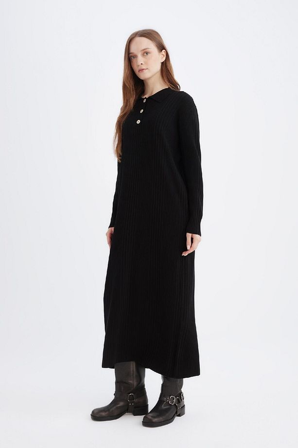 Regular Fit Polo Yaka Basic Düz Maxi Triko Elbise D5434AX24WN - 3