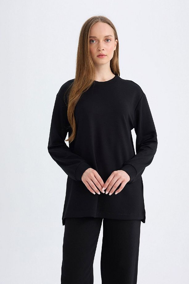 Regular Fit Bisiklet Yaka Basic Düz Siyah Sweatshirt Tunik D4598ax24au - 3