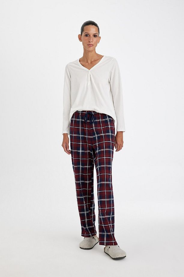 Fall In Love Pijama Takım V Yaka Uzun Kollu Basic Düz Üst Kareli Beli Lastikli Alt D4601ax24au - 1