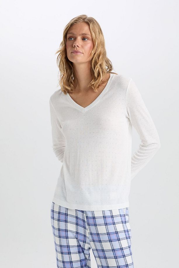 Pijama Takım V Yaka Uzun Kollu Basic Düz Üst Kareli Beli Lastikli Alt-fall In Love C5438ax24au - 4