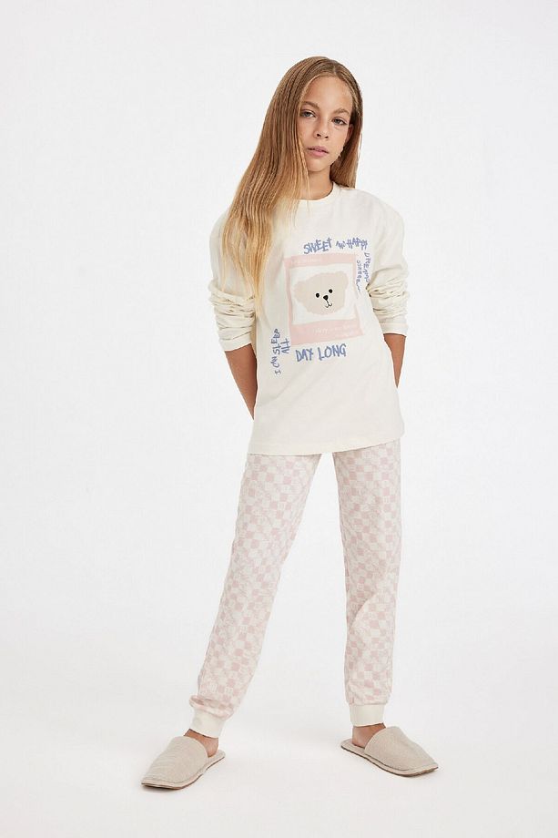 Kız Çocuk Pijama Takımı Ayı Baskılı Uzun Kollu Üst Uzun Alt 3166544 - 1