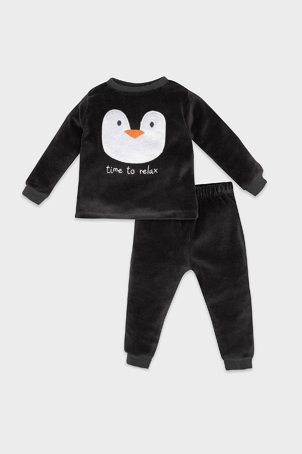 Erkek Bebek Pijama Takım Penguen Desenli Velur Uzun Kollu Üst Beli Lastikli Uzun Alt D5358a524wn - 1