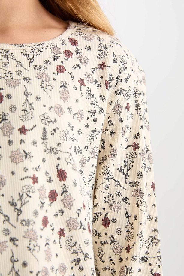 Kız Çocuk Pijama Takımı Çiçekli Bisiklet Yaka Uzun Kollu Üst Uzun Alt D6052a824au - 4