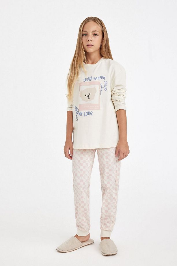 Kız Çocuk Pijama Takımı Ayı Baskılı Uzun Kollu Üst Uzun Alt 3166544 - 2