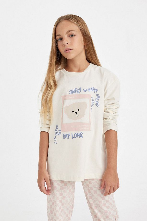 Kız Çocuk Pijama Takımı Ayı Baskılı Uzun Kollu Üst Uzun Alt 3166544 - 3