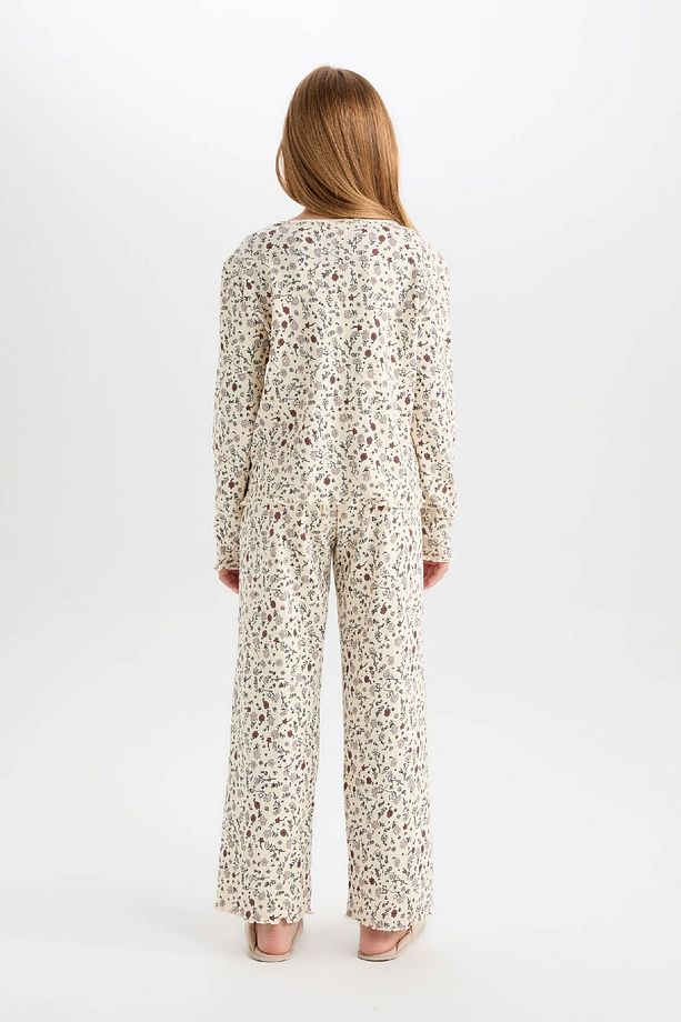Kız Çocuk Pijama Takımı Çiçekli Bisiklet Yaka Uzun Kollu Üst Uzun Alt D6052a824au - 5