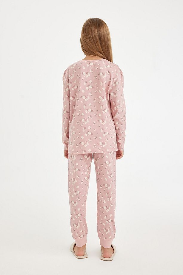 Kız Çocuk Pijama Takımı Desenli Uzun Kollu Üst Beli Lastikli Uzun Alt D6318a8ns - 4