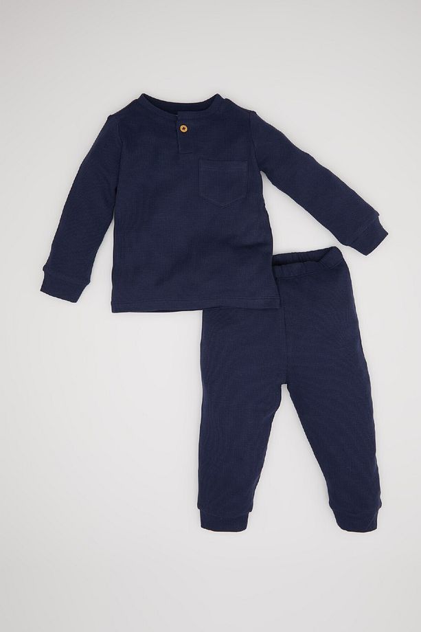 Erkek Bebek Pijama Takımı Uzun Kollu Waffle Üst Beli Lastikli Uzun Alt D6810a5ns - 1