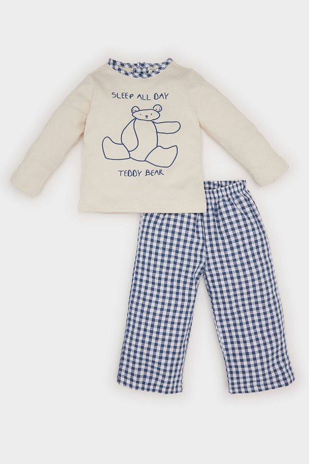 Erkek Bebek Pijama Takımı Ayı Baskılı Uzun Kollu Üst Kareli Dokuma Alt D5362A524WN - 1