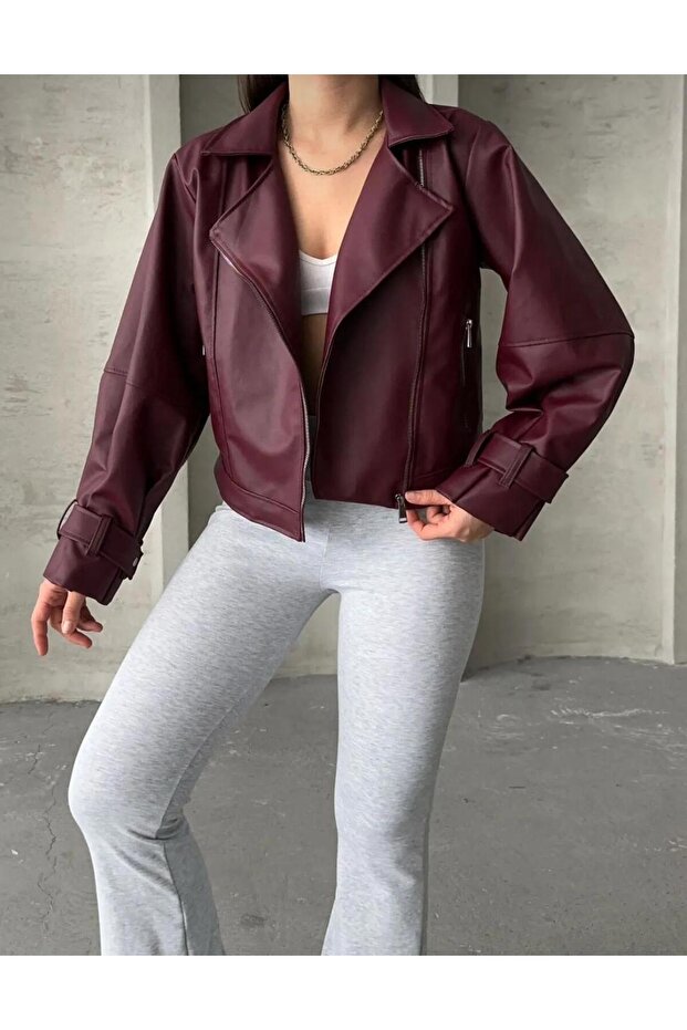 Balloon Sleeve Claret Red Leather Jacket