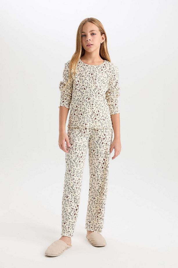 Kız Çocuk Pijama Takımı Çiçekli Bisiklet Yaka Uzun Kollu Üst Uzun Alt D6052a824au - 1
