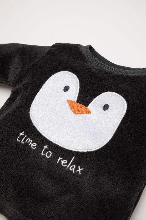 Erkek Bebek Pijama Takım Penguen Desenli Velur Uzun Kollu Üst Beli Lastikli Uzun Alt D5358a524wn - 4