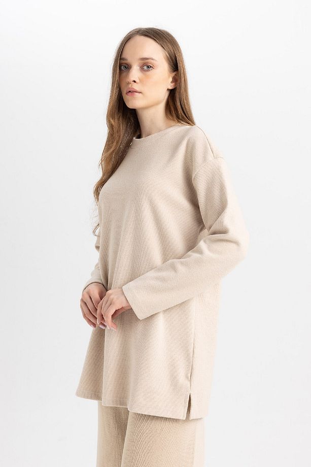 Regular Fit Bisiklet Yaka Selanik Kumaş Uzun Kollu Basic Düz Tişört Tunik B3552ax24au - 4