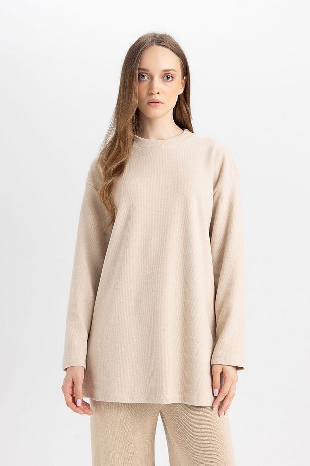 Regular Fit Bisiklet Yaka Selanik Kumaş Uzun Kollu Basic Düz Tişört Tunik B3552ax24au - 3